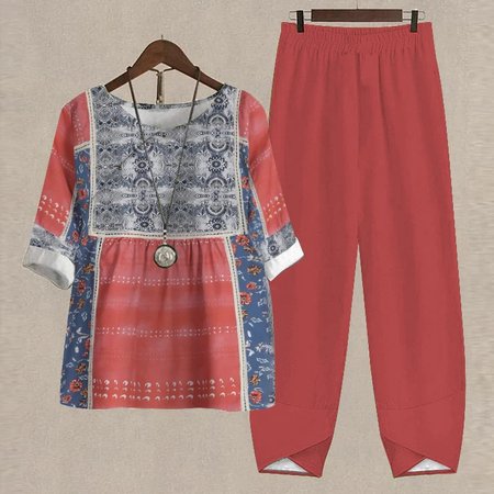 

Crew Neck Casual Two-Piece Set With No Belt, Red, Suit Set