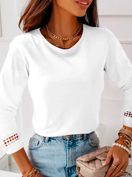 Casual Crew Neck Plain Lace Shirt, White, Long Sleeves