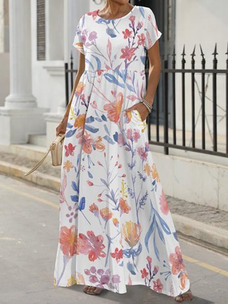 

Crew Neck Floral Loose Casual Dress, White, Dresses