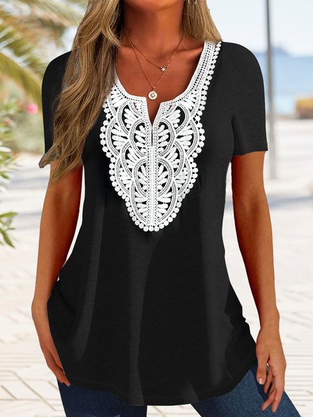 

Notched Casual Regular Fit Plain T-Shirt, Black, T-Shirts