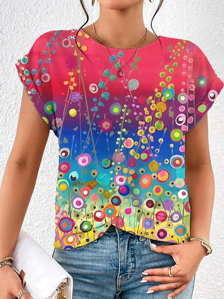 

Floral Loose Crew Neck Casual T-Shirt, Red, T-Shirts