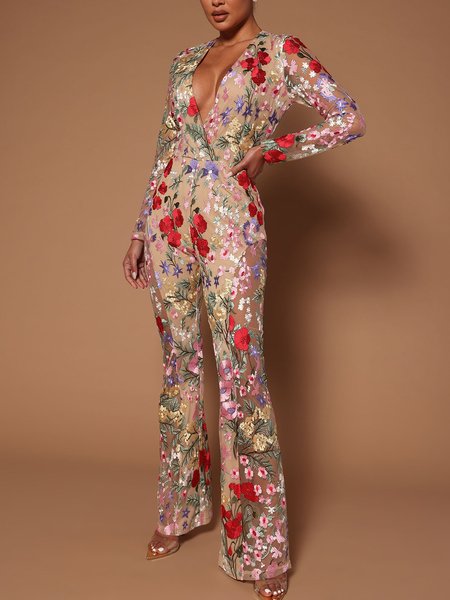 

V Neck Regular Fit Embroidery Elegant Jumpsuit, Flower, Jumpsuits