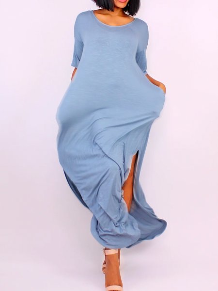 

Plain Crew Neck Casual Midi Dress With No Belt, Blue, Maxi Dresses