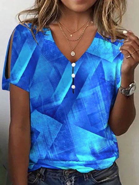 

V Neck Abstract Loose Casual T-Shirt, Blue, T-Shirts