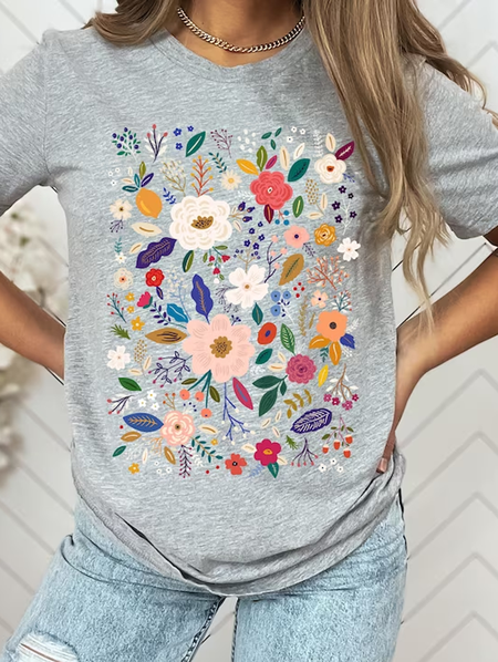 

Women‘s Flower Cotton Crew Neck Floral Simple T-Shirt, Light gray, T-shirts