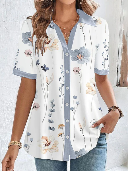 

Floral Casual Shirt Collar Loose Blouse, White, Shirts & Blouses