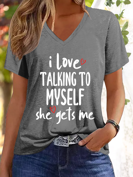 

Women's Funny Word I Love Talking to Myself Casual Cotton-Blend V Neck T-Shirt, Deep gray, T-shirts