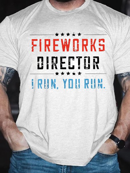 

Men's Funny Fireworks Director I Run You Run Graphic Printing 4th Of July Cotton Casual Independence Day T-Shirt, White, T-shirts