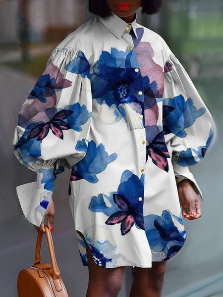 

Elegant Shirt Collar Floral Loose Blouse, Blue, Blouses and Shirts