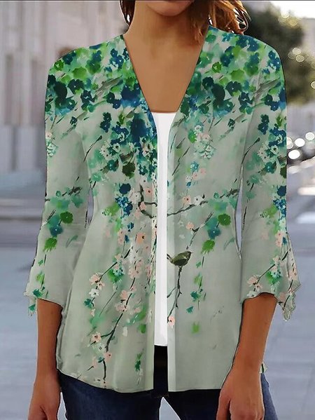 

Casual Loose Floral V Neck Kimono, Green, Cardigans