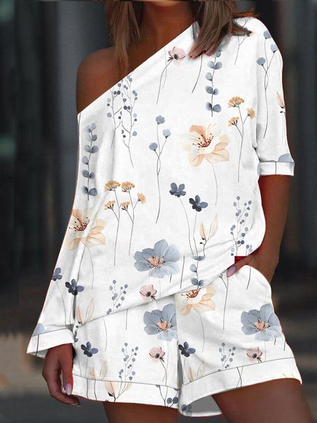

One Shoulder Floral Two-Piece Set, White, Suit Set