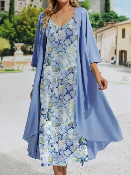 

Elegant Floral Loose Two-Piece Set, Blue, Suit Set