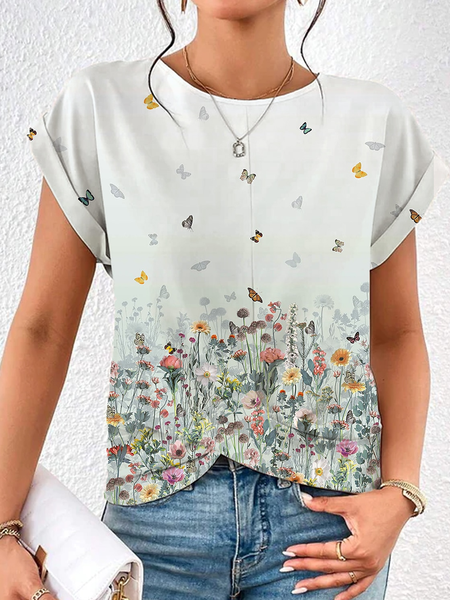 

Loose Butterfly Crew Neck Casual T-Shirt, Green, T-Shirts