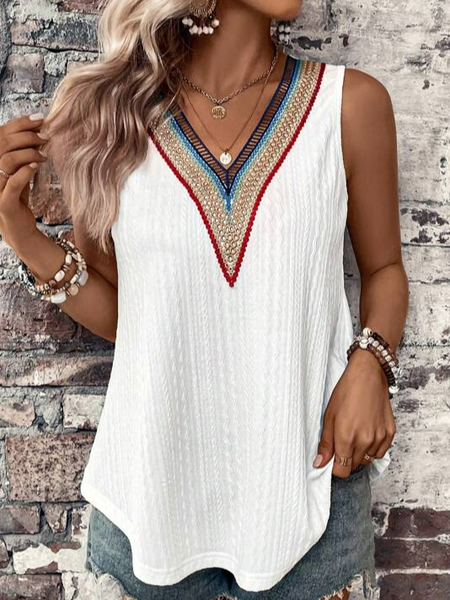 

V Neck Casual Loose Tank Top, White, Tanks & Camis