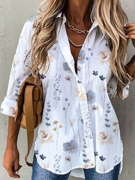 Casual Loose Shirt Collar Floral Blouse