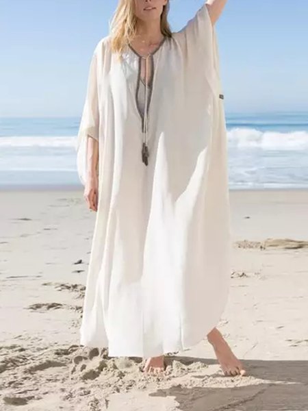 

Casual Plain Hollow Out V Neck Coverup, White, swimwear>>Cover Ups