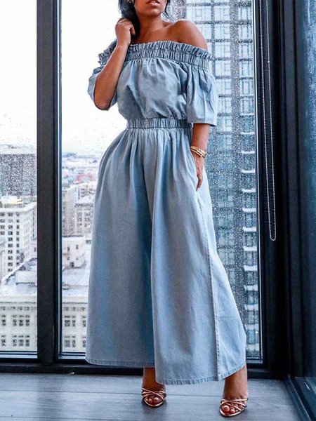 

Plain Regular Fit Cold Shoulder Urban Jumpsuit, Blue, Jumpsuits