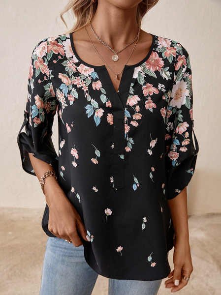 

Notched Loose Casual Floral Shirt, Black, Shirts & Blouses