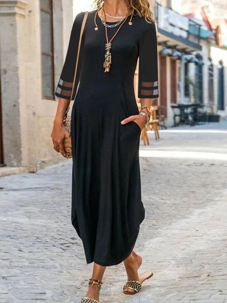

Women Elegant Plain Pockets Patchwork Mesh Three Quarter Sleeve Maxi Dress, Black, Maxi Dresses