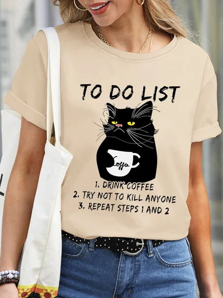

Funny Black Cat To Do List Drink Coffee Waterproof Oilproof And Stainproof Fabric T-Shirt, Khaki, T-shirts