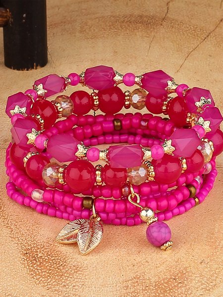 

Boho Leaf Pendant Glass Bracelet, Deep pink, Bracelets