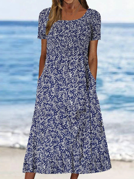 

Crew Neck Casual Loose Polka Dots Dress With No Belt, Blue, Dresses
