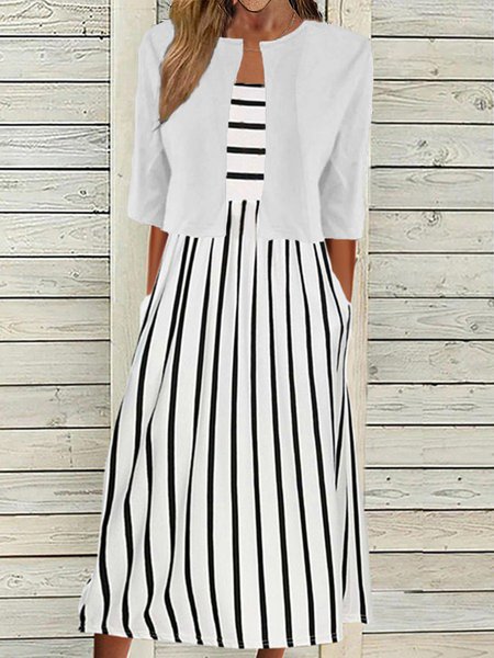 

Striped Casual Half Sleeve Two-Piece Set, White, Midi Dresses