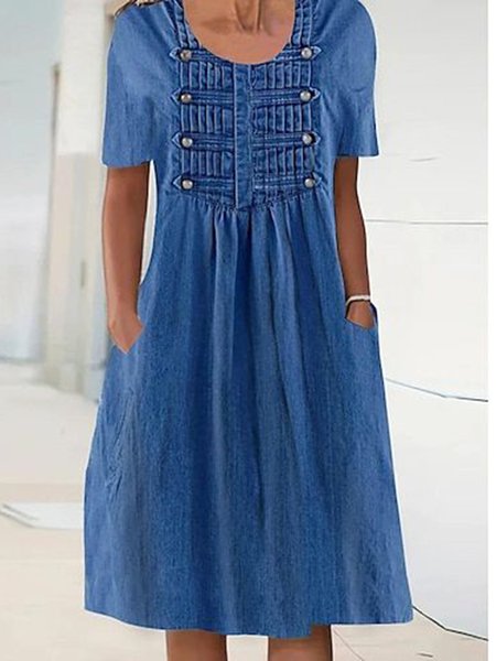 

Crew Neck Casual Denim Loose Denim Dress, Blue, Denim Dresses