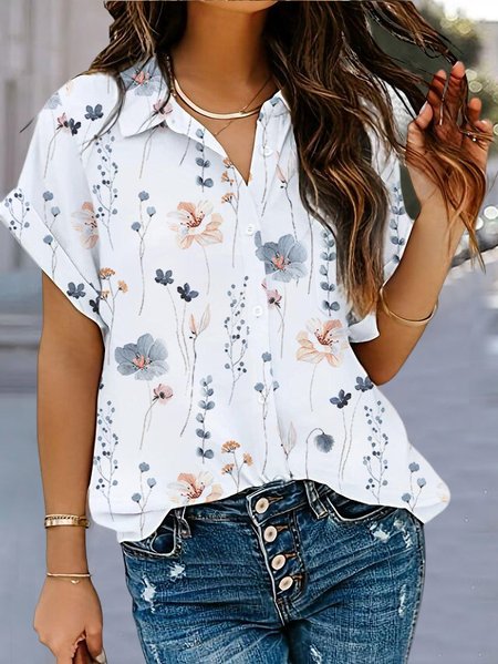 

Loose Casual Shirt Collar Floral Blouse, White, Shirts & Blouses