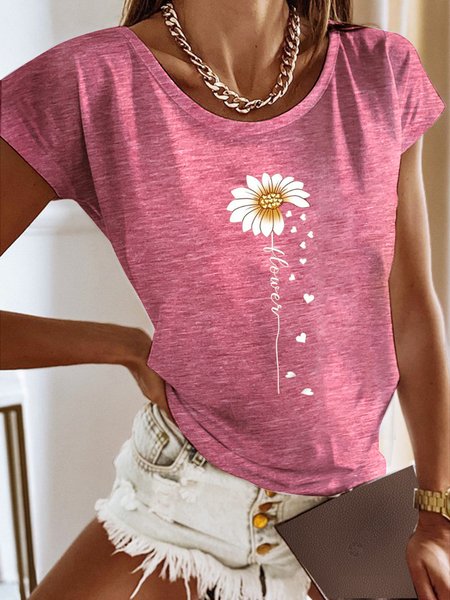 

Floral Casual Crew Neck T-Shirt, Pink, T-Shirts