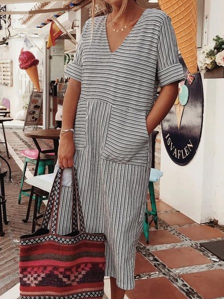 

Casual V Neck Loose Striped Dress, Gray, Dresses