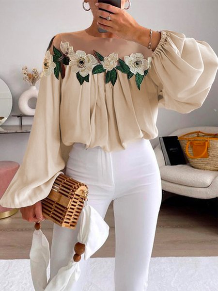 

Elegant Floral Crew Neck Loose Shirt, As picture, Blouses and Shirts
