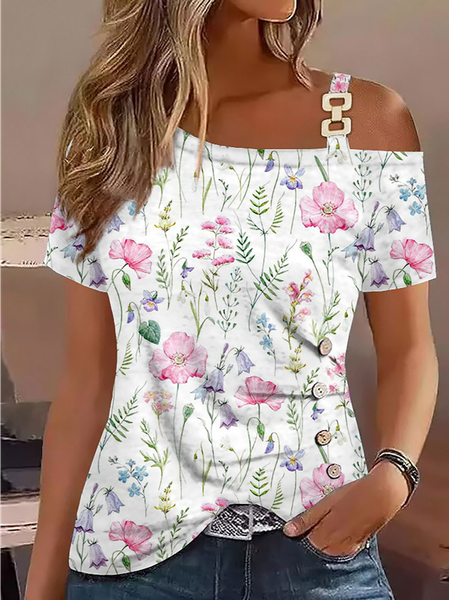 

Floral Loose One Shoulder Casual Shirt, White, Shirts & Blouses