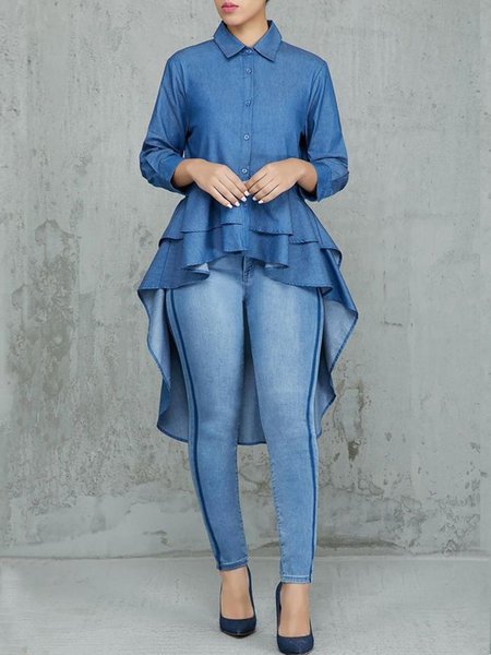 

Plain Urban Faux Denim Asymmetrical Blouse, Blue, Blouses and Shirts