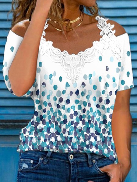 

Ombre Polka Dots Casual Cold Shoulder Lace Shirt, Blue, Shirts & Blouses