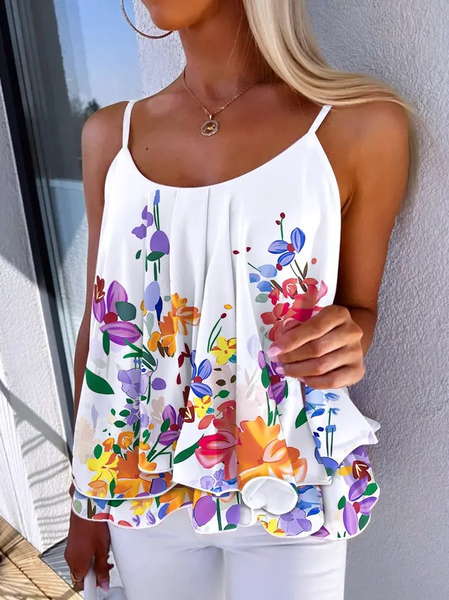 Casual Floral Loose Spaghetti Cami, White, Tanks & Camis