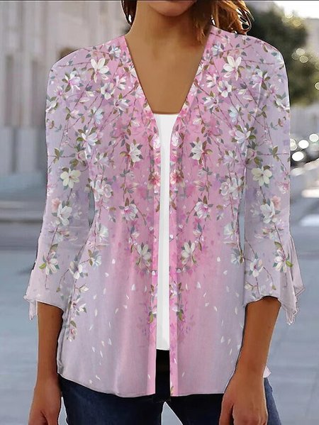 

V Neck Casual Floral Kimono, Pink, Cardigans