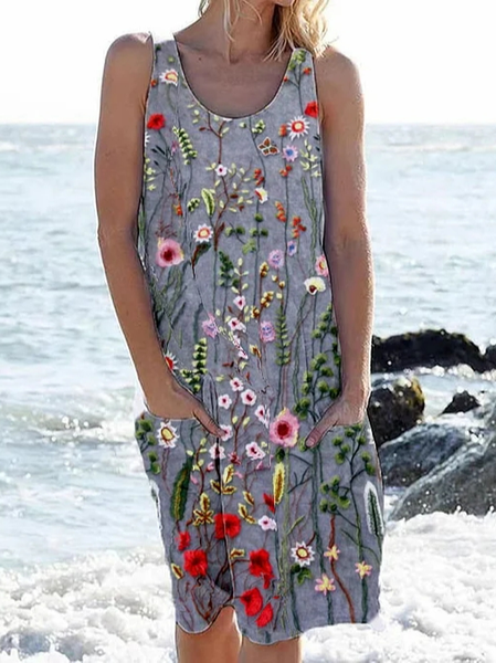 

Floral Casual Crew Neck Loose Dress With No Belt, Gray, Dresses