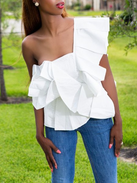 

Regular Fit Plain One Shoulder Casual Shirt, White, Blouses and Shirts