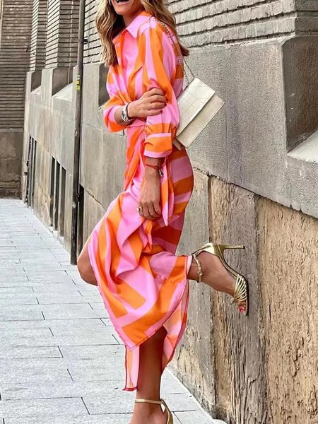 

Shirt Collar Loose Striped Urban Dress With No Belt, Orange, Maxi Dresses