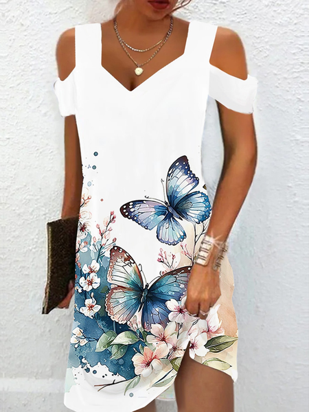 

Casual Loose V Neck Floral Dress, White, Dresses
