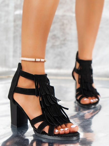

Tassel Suede Block Heel Sandals, Black, Pumps