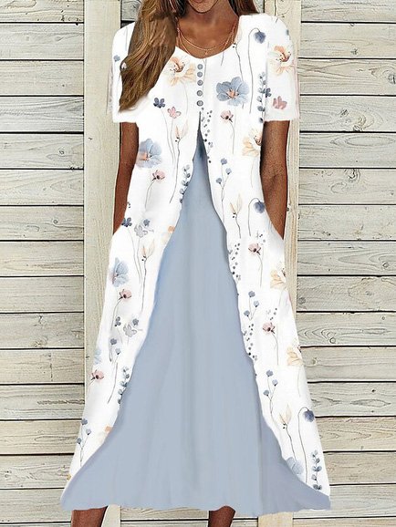 

Crew Neck Floral Casual Knitted Dress, White, Dresses