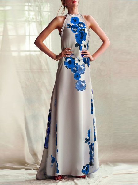 

Elegant Regular Fit Floral Party Dress, Blue, Maxi Dresses