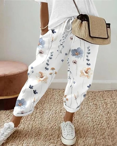 

Floral Casual Loose Pants, White, Pants