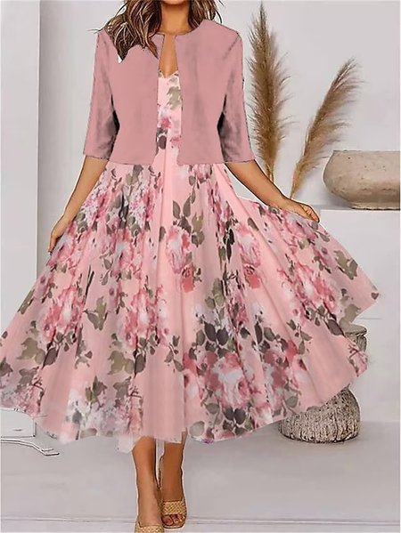 

V Neck Elegant Chiffon Floral Two-Piece Set, Pink, Suit Set