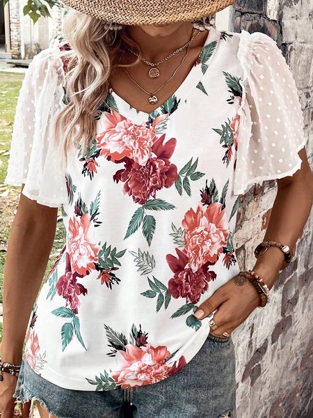 

Loose Floral V Neck Casual Shirt, White, Shirts & Blouses