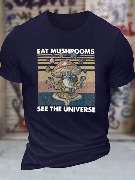 

Men's Funny Eat Mushrooms See The Universe Graphic Printing Loose Crew Neck Casual Cotton T-Shirt, Purplish blue, T-shirts