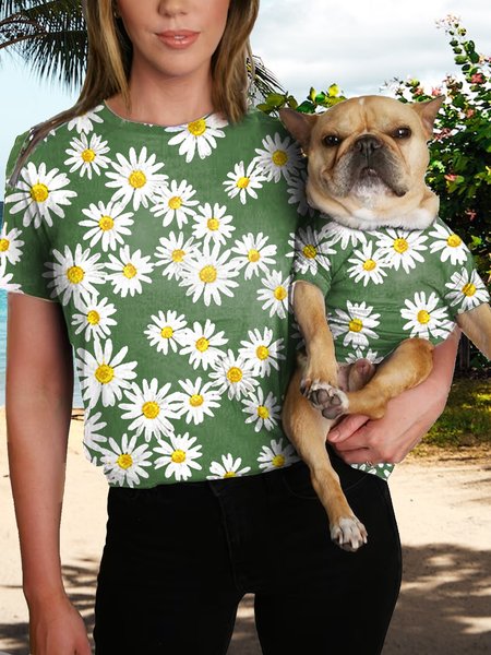 

Women's Crew Neck Casual Daisy Print Match Shirt, Green, T-shirts