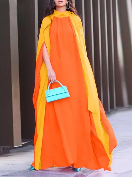 

Elegant Color Block Stand Collar Loose Dress, Orange, Maxi Dresses
